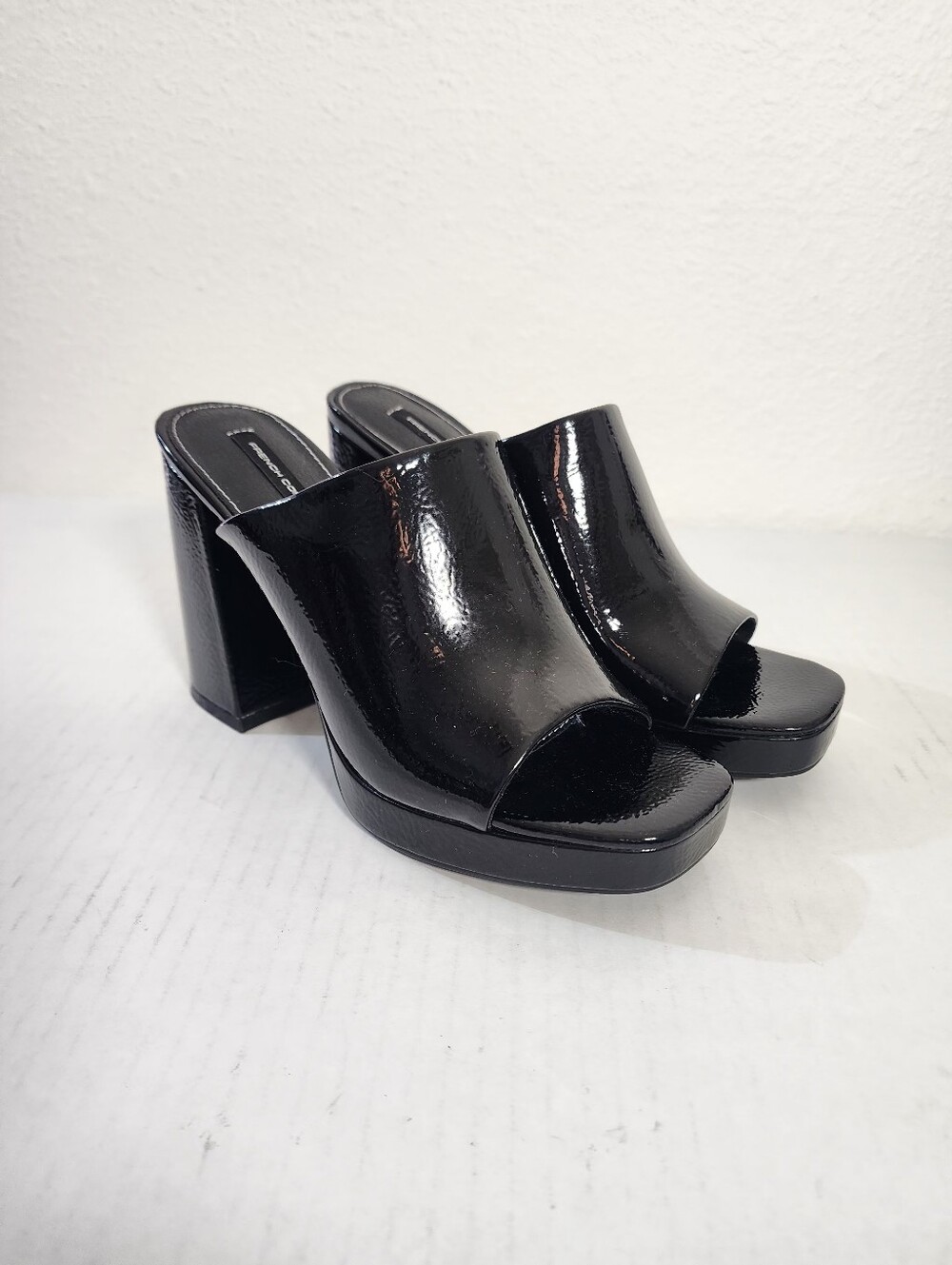 French Connection Black Patent Platform Mule Heels Size 7.5